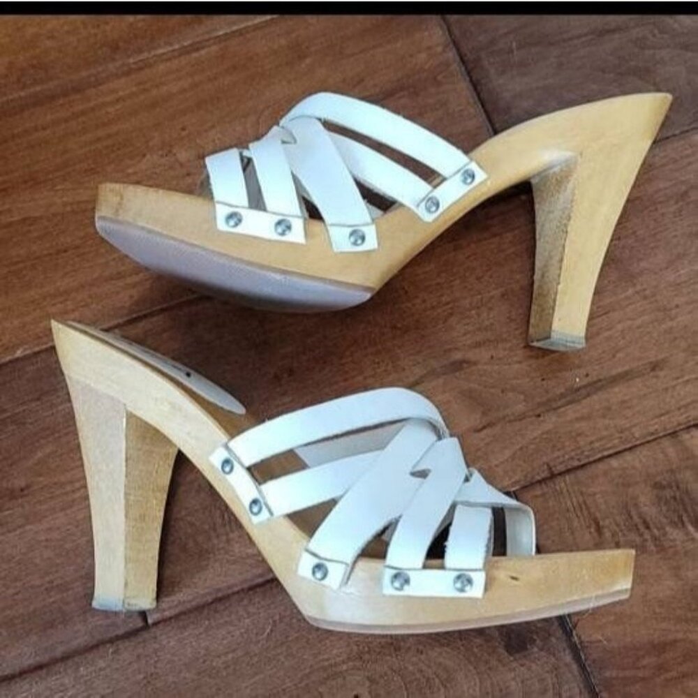 Vintage Mia White Leather and Wood Slip on Heels Shoes Sandals Sz 8 Strappy 90's